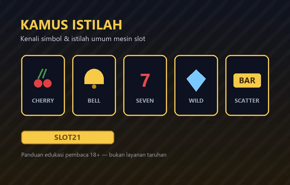 Ilustrasi simbol mesin slot: ceri, lonceng, angka tujuh, wild, dan scatter