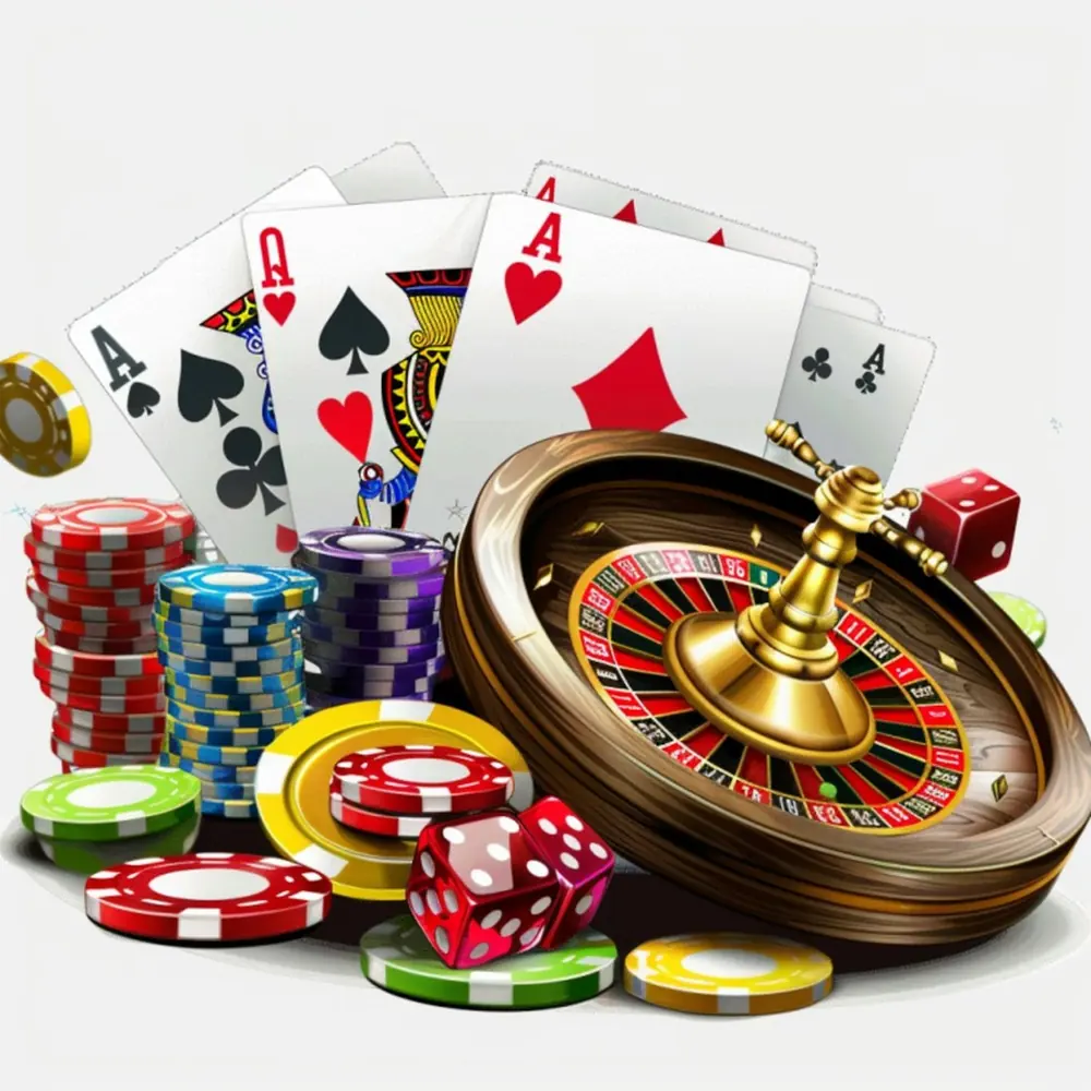 Chip kasino dan kartu remi di atas meja dengan roda roulette